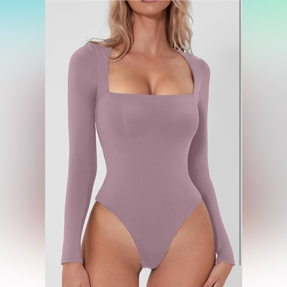 Qinsen bodysuit seamless mauve lilac blush square neck long sleeves thong skims